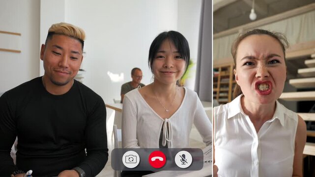 Young adults from different backgrounds express anger during an online call. Their reactions show a range of feelings as they engage in conversation.