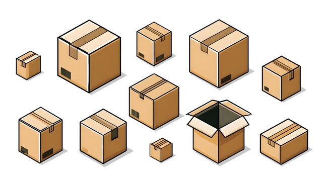 Various Cardboard Boxes in Different Sizes and Openings for Moving or Storage.