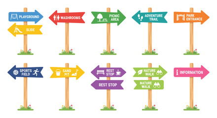 Directional signpost icons with park and recreation symbols vector illustration © Bijori