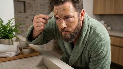 Obraz premium Man applying facial mask in bathroom mirror during relaxed grooming routine
