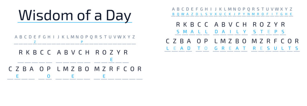 Wisdom of a Day cryptogram with letters and symbols in blue design  