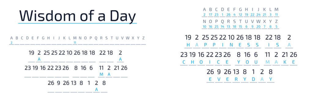 Wisdom of a Day cryptogram with letters and numbers on white background  