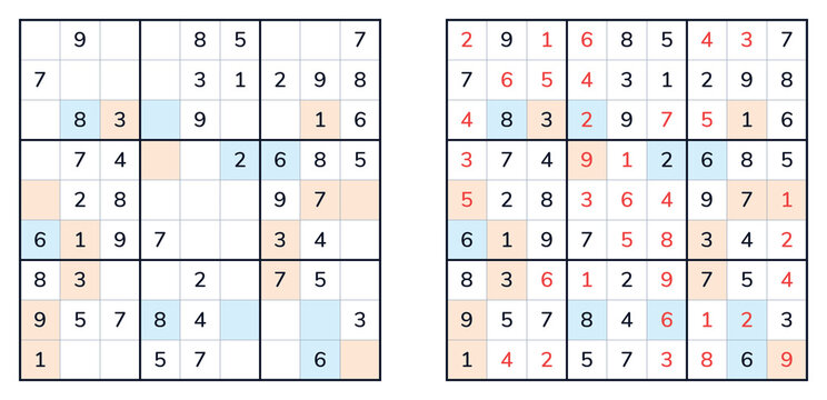 Sudoku puzzle with even and odd numbers solved on grid  