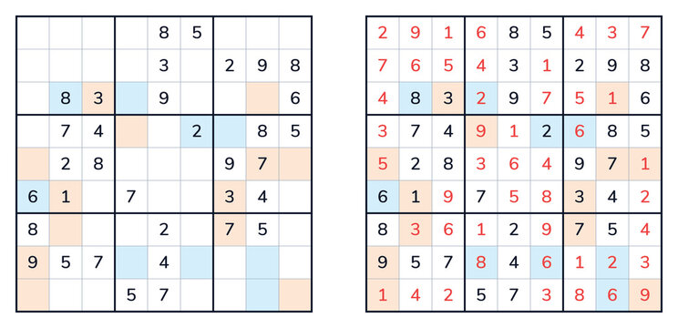 Sudoku puzzle with even and odd numbers highlighted in grids  