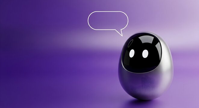 Small silver egg-shaped robot with glowing eyes and a blank speech bubble on a purple background.