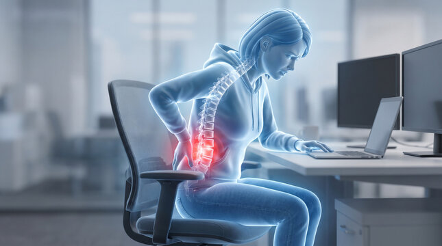 A person experiencing back pain while sitting at a desk and working on a laptop. The pain is highlighted in red on their spine, indicating discomfort and potential injury from prolonged sitting