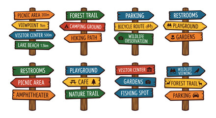 Obraz premium Collection Of Directional Signpost Icons With Destination Names Vector Illustration