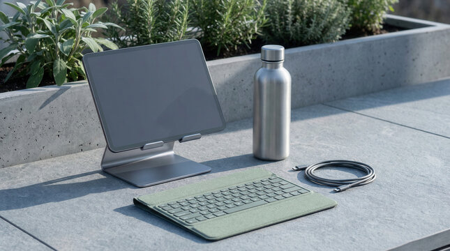 Tablet setup with keyboard folio and stainless bottle on outdoor concrete surface