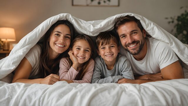 Happy family smiling together under white blanket at home showing parents and children bonding cozy lifestyle love childhood comfort togetherness joyful morning and warm family relationship concept