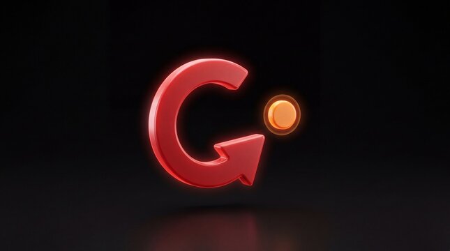 Red 3d circular arrow with glowing orange dot on a dark background, abstract refresh or reload icon concept, modern technology logo design