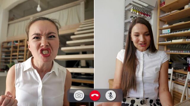 Young people connect in an online call showing anger and frustration. Their faces display strong emotions in a split-screen format. Each person responds differently.