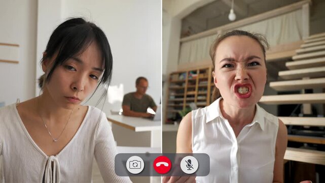 Four young people connect through an online call. Each expresses anger in their own way. Their faces reveal strong emotions during the call as they engage with each other.
