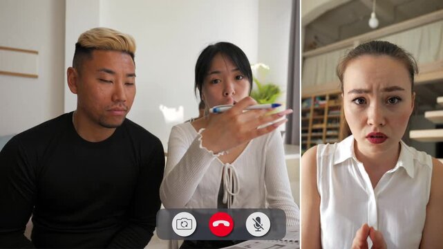 Young people talk to each other on a split screen. They show various feelings through their faces and gestures during this online call.