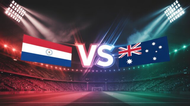 Paraguay versus australia flags soccer match in stadium with colorful lights and versus sign.