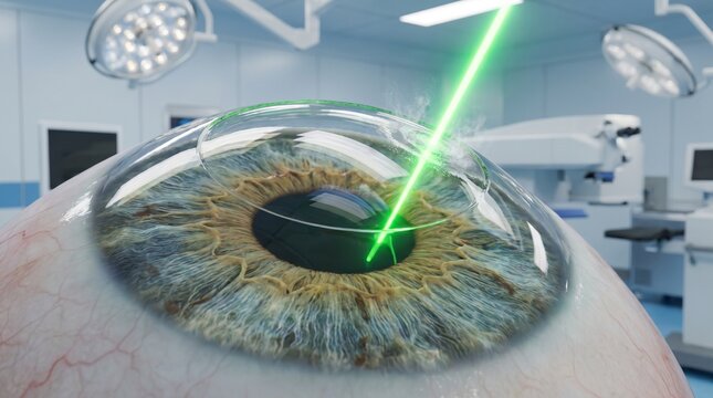 Laser eye surgery for vision correction, showing a green laser beam precisely targeting the cornea of a human eye in a sterile operating room environment