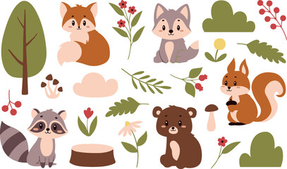 Cute Woodland Animals Clipart Vector Set Featuring Baby Fox Wolf Squirrel Raccoon and Bear Cub with Forest Nature Elements for Kids Nursery Art Designs © Mst