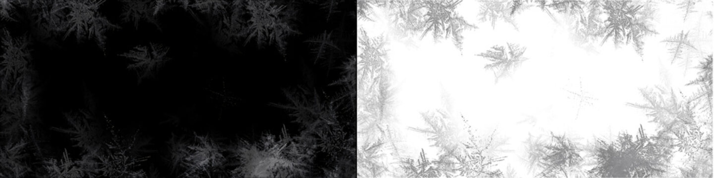 Dark winter frost frame with intricate ice crystals around borders of black surface for elegant seasonal design.