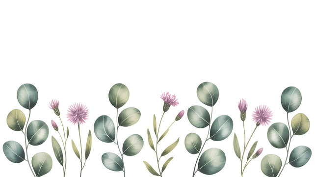 Watercolor eucalyptus leaves and purple wildflowers border, botanical floral frame on white background, elegant garden greenery illustration