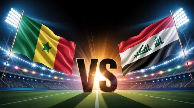 Soccer championship Senegal vs Iraq with golden trophies style text and flags in illuminated stadium.