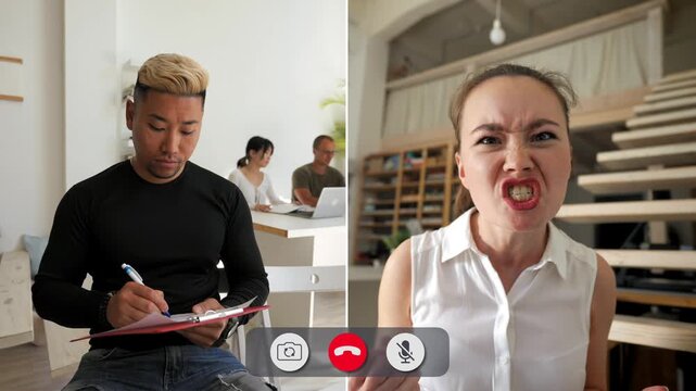 Young people on a split screen show different emotions during an online call. One person looks angry while another reacts with frustration and concern.
