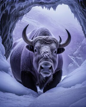 A  takin cow genetic hybrid fantasy animal, fictional species , in a frozen echo cavern