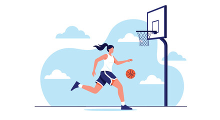 Fototapeta premium Active young woman in an athletic uniform skillfully dribbling a basketball on a court towards the hoop for a score during a competitive match.