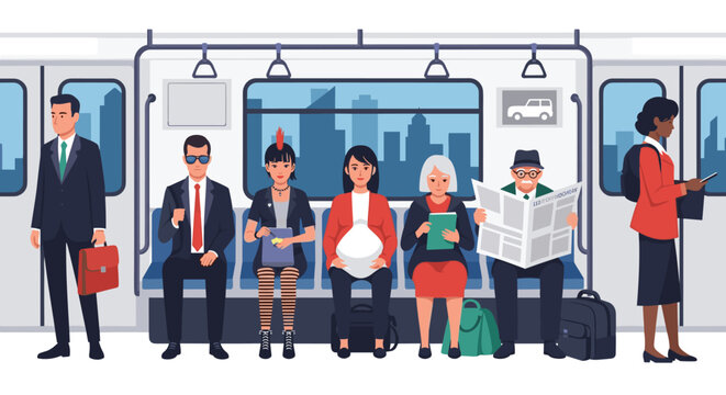 Diverse group of passengers including a businessman, punk girl, pregnant woman, and elderly man sitting or standing inside a moving subway train.