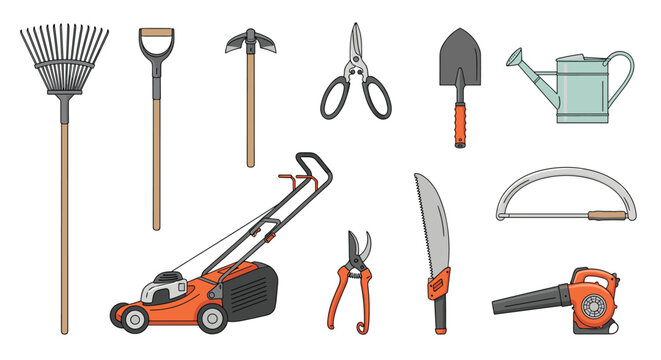 Essential collection of gardening equipment including a rake, shovel, lawn mower, shears, watering can, and leaf blower for yard maintenance.