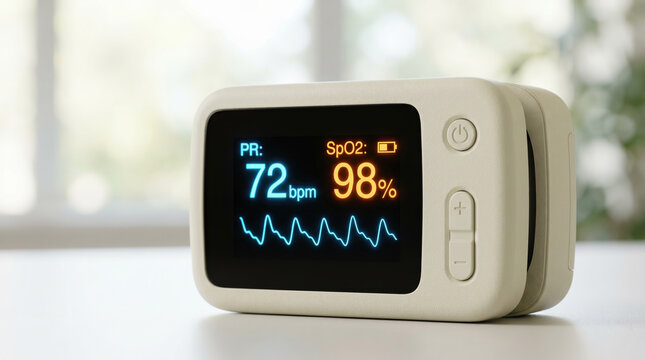 Bedside fetal heart monitor cardiotocography (CTG) interface display screen parameters measurement on hospital table. Healthcare support. Hospital medical diagnostic equipment with copy-space.