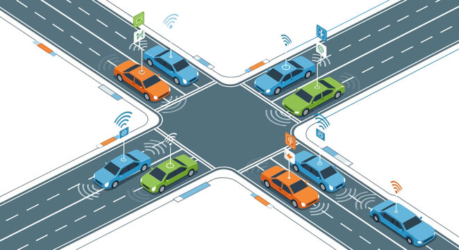 Autonomous Vehicles at Urban Intersection with V2X Connectivity and Smart Traffic Management Technology - Isometric Illustration
