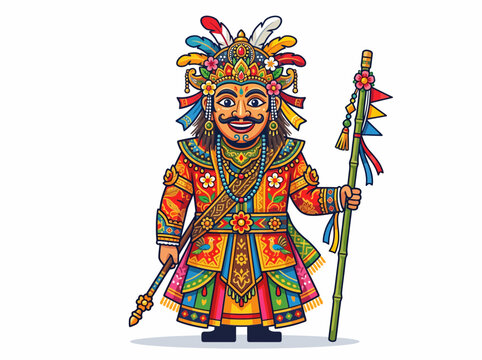 Vector illustration of single Betawi Ondel-Ondel character holding bamboo stick with traditional costume and clean white background in colorful flat design style.