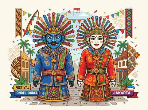 Colorful Ondel-Ondel Betawi festival vector illustration featuring traditional Jakarta cultural mascots with decorative costumes, ornaments, and festive street background.