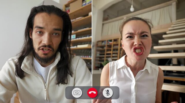 Young multi-race people talk on a video call. Each person shows anger and frustration. Emotions differ as they express their feelings toward each other.