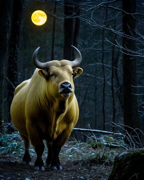 A electric yellow takin cow genetic hybrid fantasy animal, fictional species , in a winter spirit grove