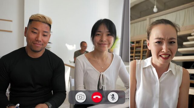 Young people connect through a split screen call. Each has a distinct reaction and feeling, showing a range of emotions during their conversation.
