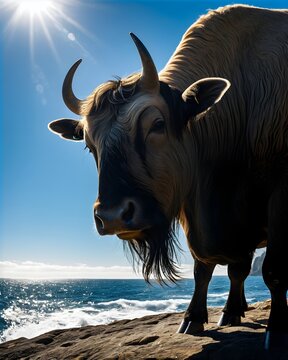 A takin cow genetic hybrid fantasy animal, fictional species , in a sunlit ocean edge