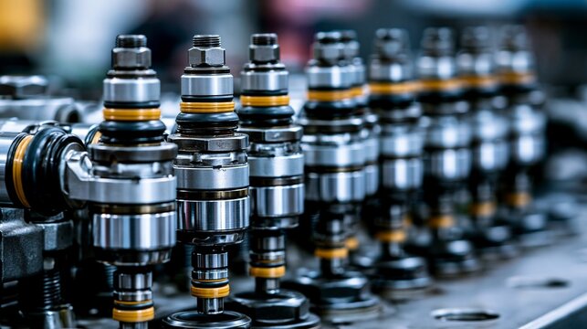 Medium shot highlighting diesel fuel injector assembly with focus on robust metallic parts and the precise fit of seals emphasizing durability and engineering accuracy in an