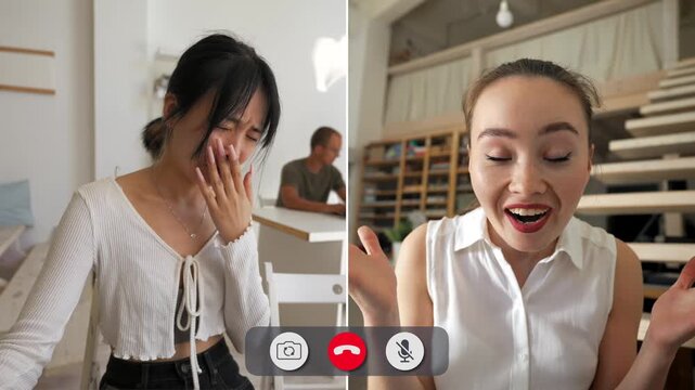 Two students share their feelings in an online call. One shows sadness and tears, and the other smiles and laughs, creating a contrast in emotions.