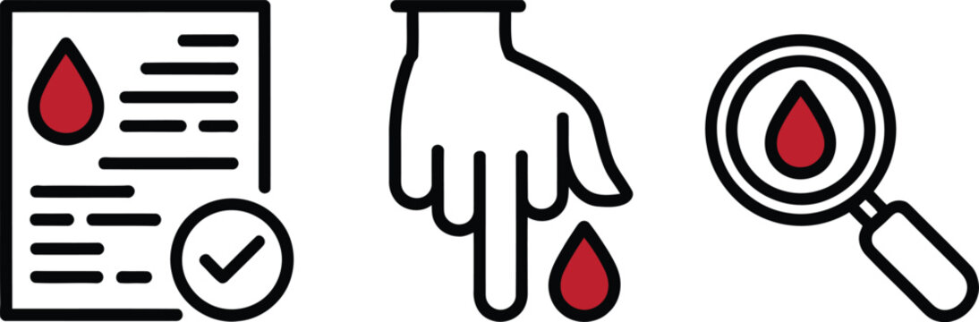 Medical blood test icon showing document, dropper, and magnifying glass with blood sample