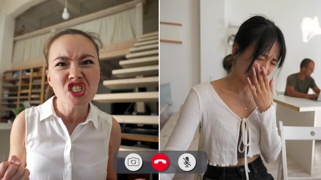 Young multi race people show anger during an online call. Each person displays different feelings as they connect from different locations. The call reflects strong emotions.