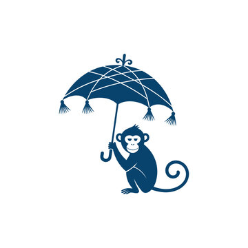 Monkey with umbrella blue silhouette on white background