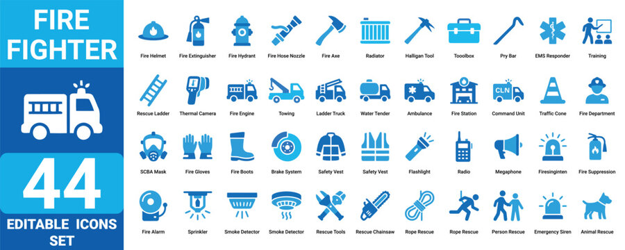 Solid fire fighter icon set editable vector illustration mega pack with 44 firefighter icons