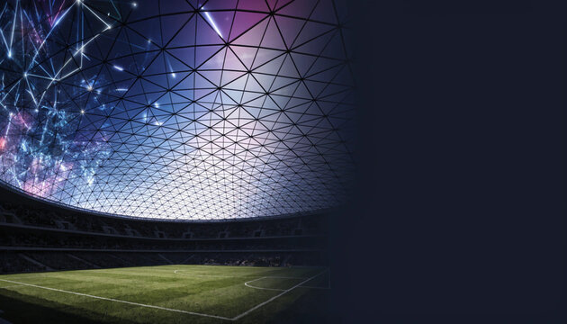 A low-angle shot of a soccer pitch inside a massive geodesic glass dome stadium