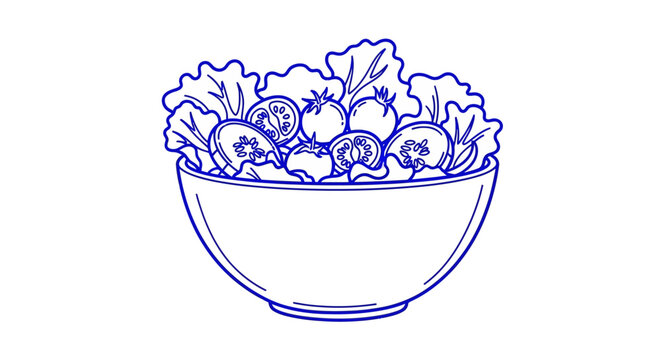 Salad bowl with fresh vegetables line art illustration