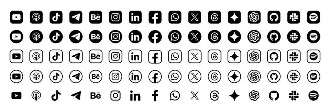 social media black and white icon set facebook, instagram, x, linkedin, youtube, tiktok, whatsapp, telegram, spotify & Others. Social media logos and icons collection. vector illustration eps file.