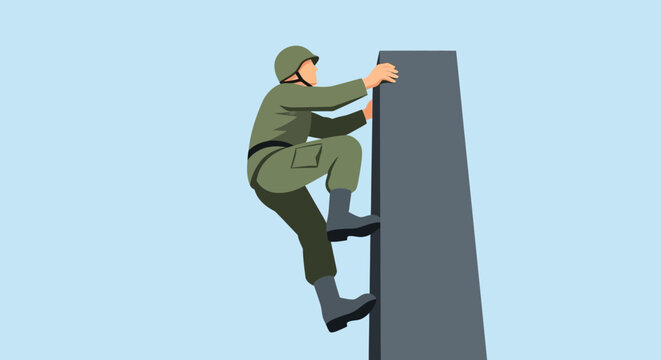 Soldier climbing wall, military training, overcoming obstacles, perseverance, strength