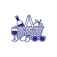 Naklejka premium picnic basket icon with wine fruit and sunglasses