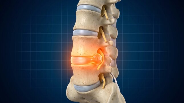 Lumbar Spine Herniation: A detailed 3D medical illustration depicting a lumbar spine segment with a painful herniated disc causing nerve compression.