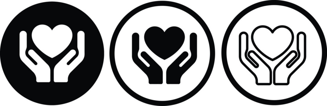 Three hands holding heart icons in circular frames