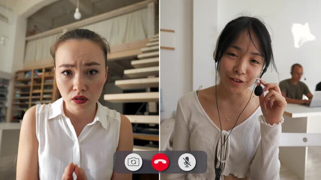 Two young people connect through a split-screen call. They show different emotions as they communicate from different locations. Their feelings are clear in each frame.